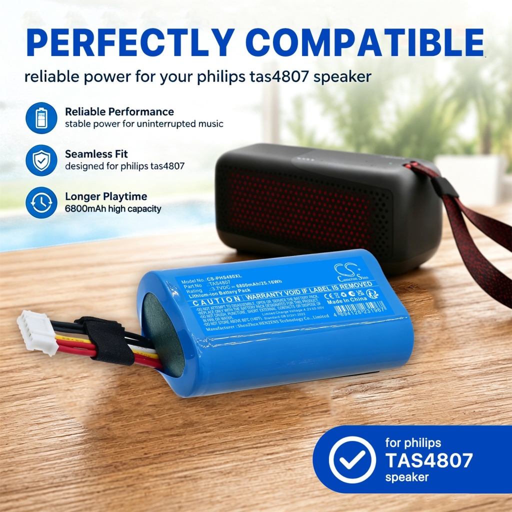 Baterías compatible con Philips S4807 Waterproof Wireless Bluetooth Speaker CS-PHS480XL