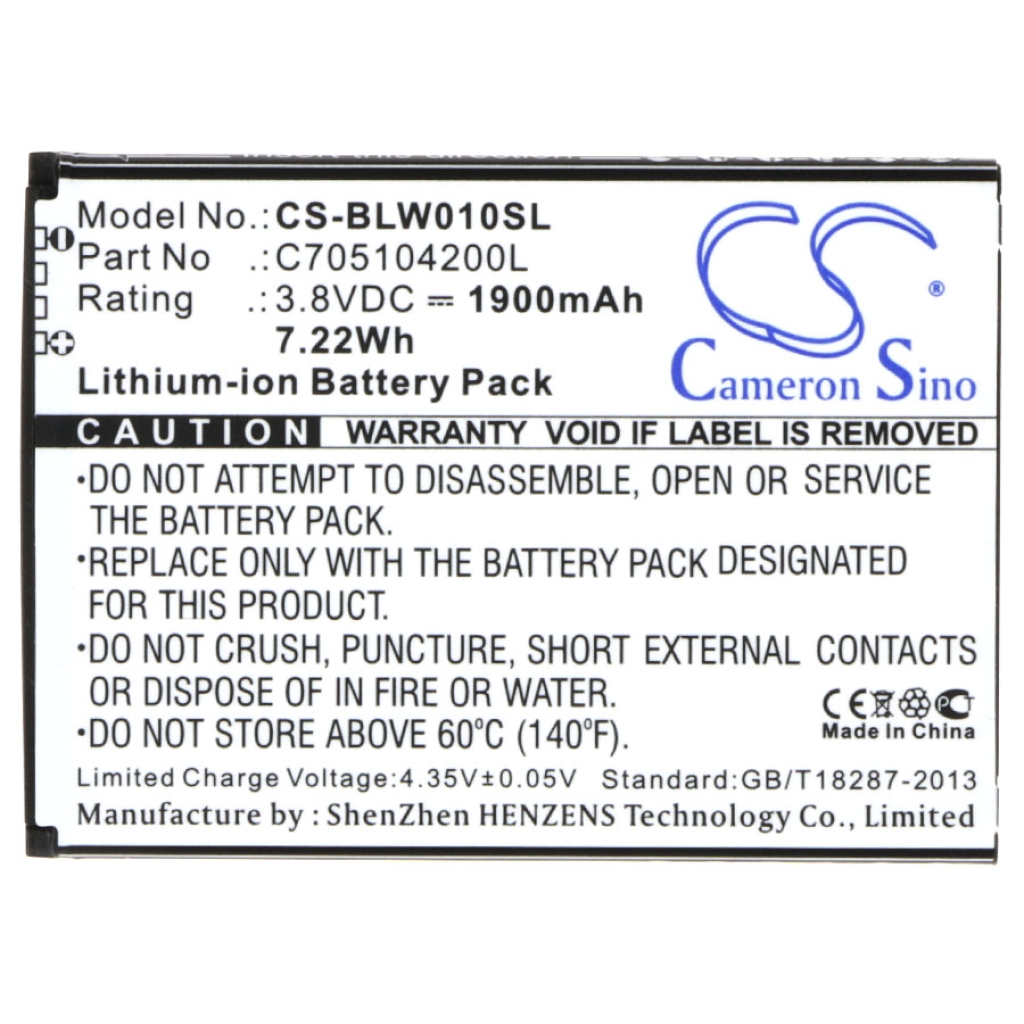 Vista de etiqueta frontal Cameron Sino CS-BLW010SL 1900mAh 3,8V