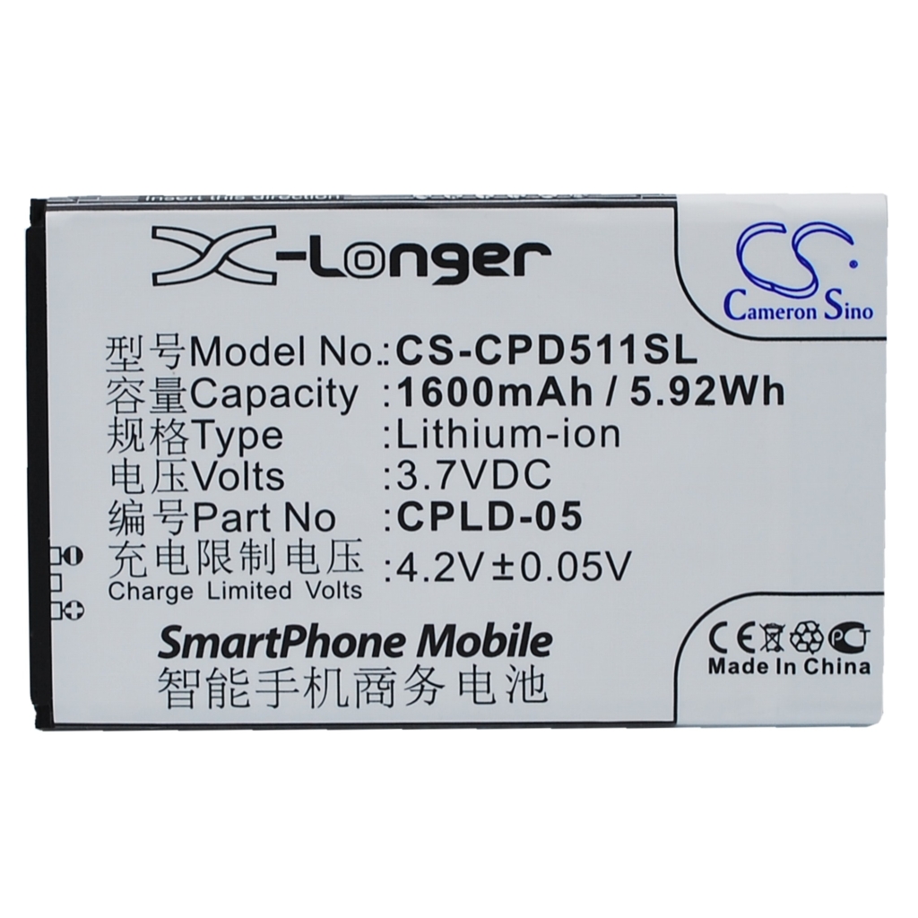 Batería de teléfono Li-ion Cameron Sino CS-CPD511SL 3,7V 1600mAh, vista plana de etiqueta