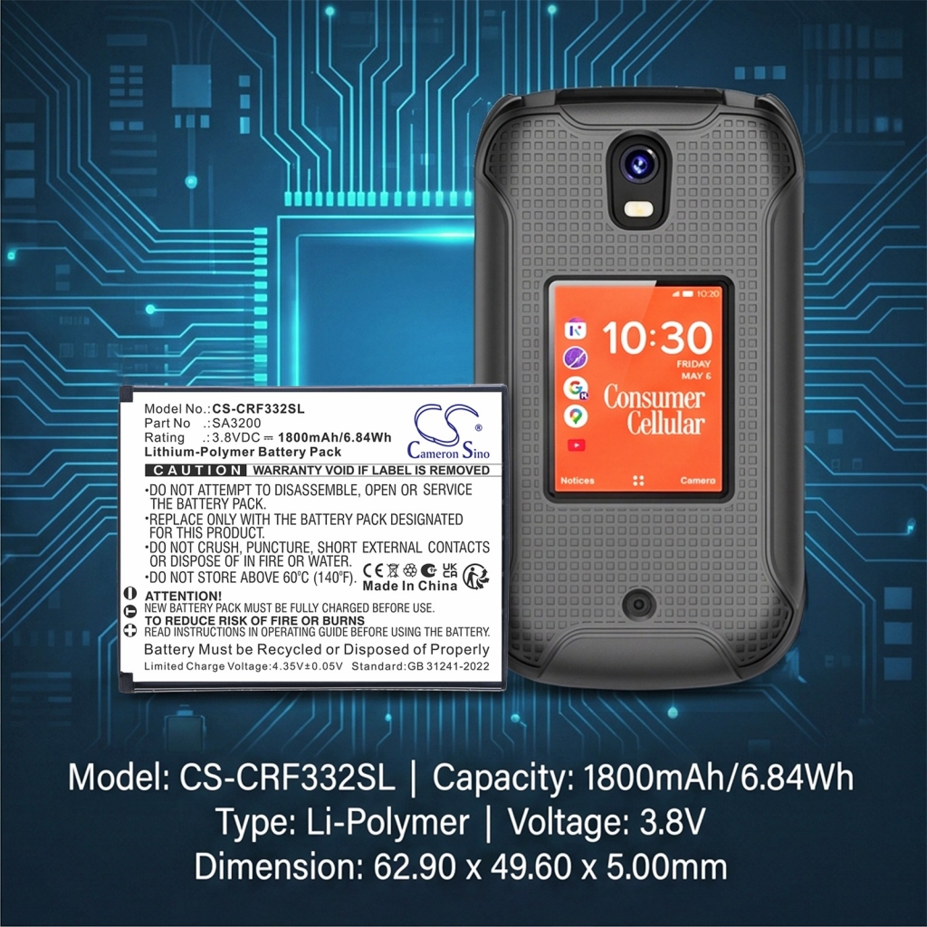 Baterías compatible con Consumer Cellular Iris Flip CS-CRF332SL