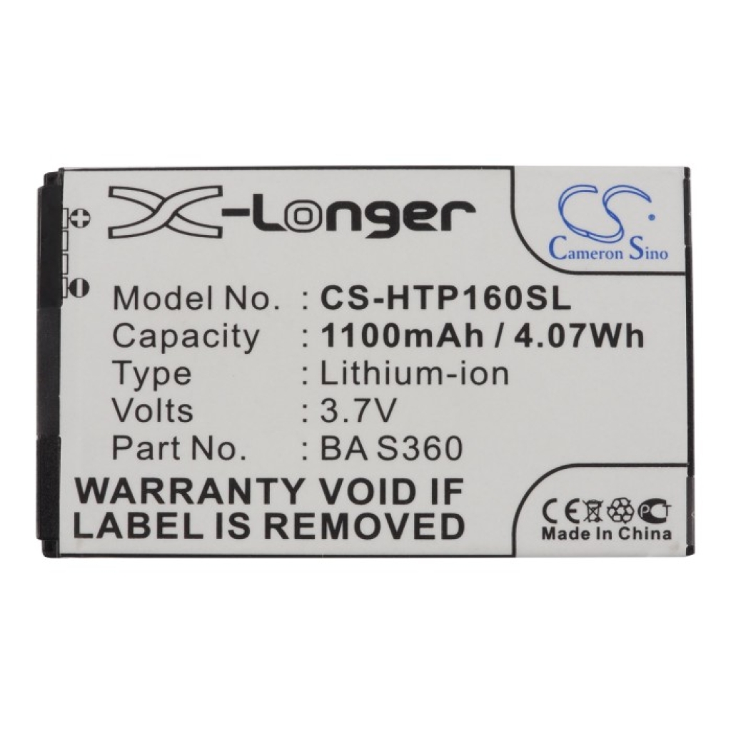 Cameron Sino CS-HTP160SL batería Li-ion para HTC, vista frontal: 3,7V 1100mAh Li-ion
