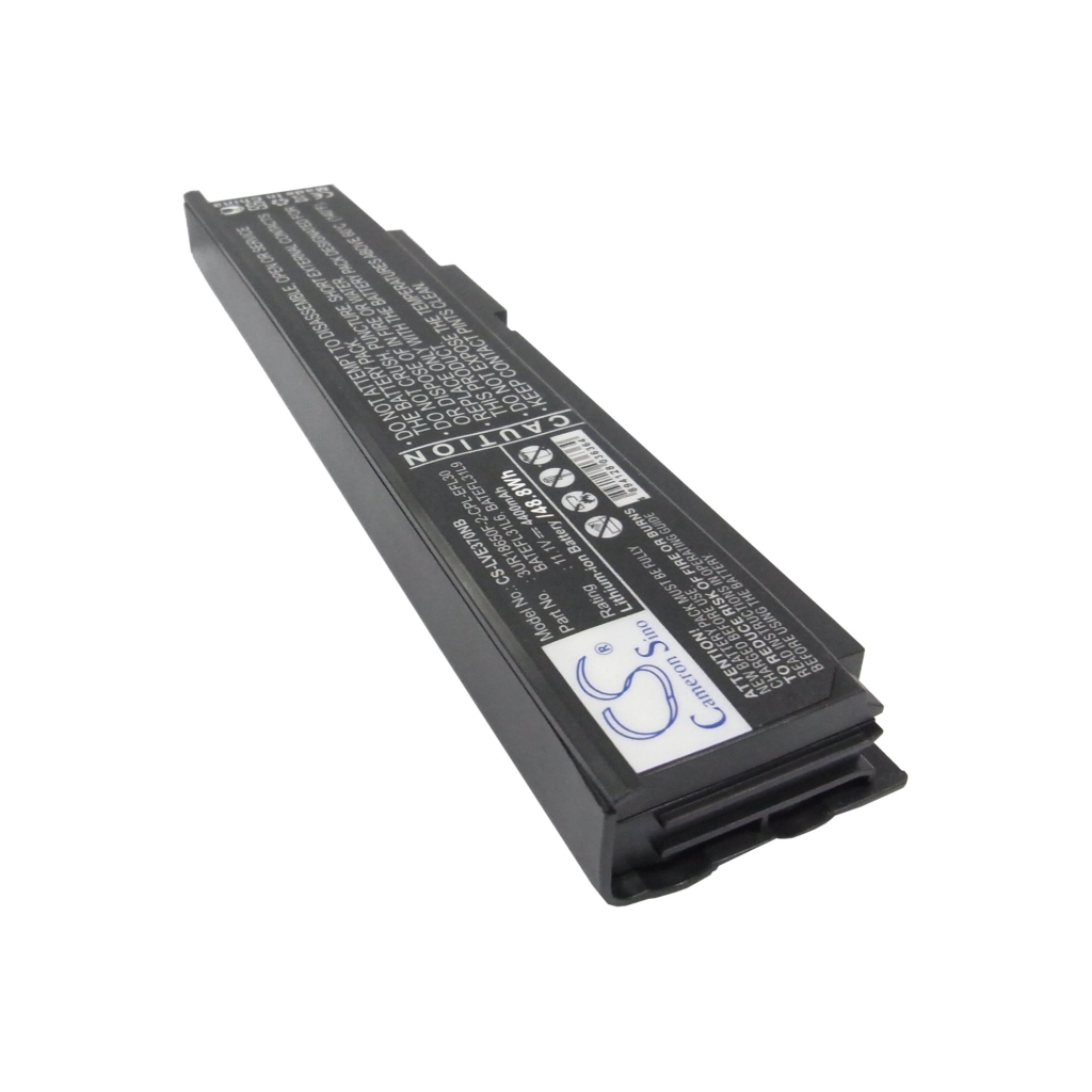Batería portátil negra CS-LVE370NB, vista inclinada del lado de advertencias