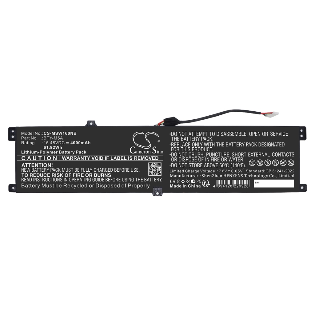 Baterías compatible con MSI B14VFKG-056UK B14VFKG-056UK CS-MSW160NB