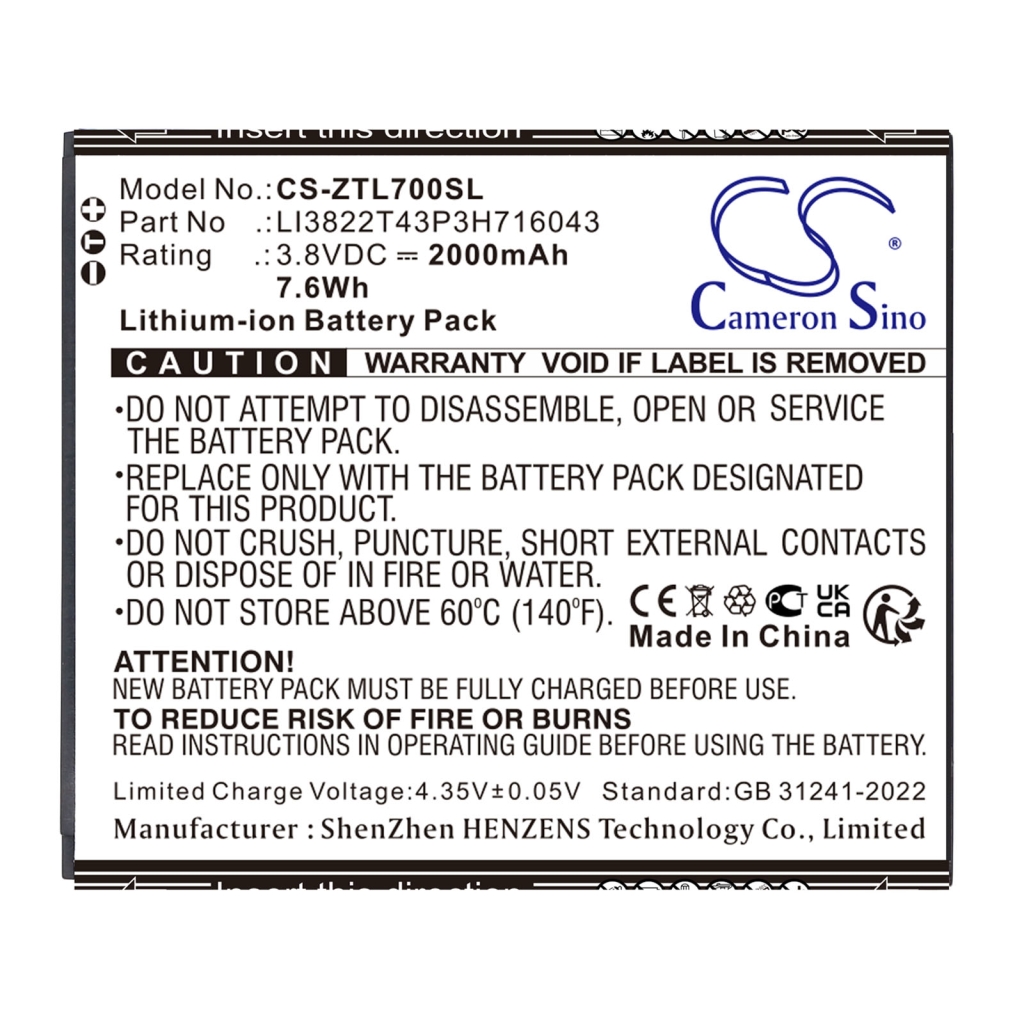 Compatible battery replacement for ZTE LI3822T43P3H716043